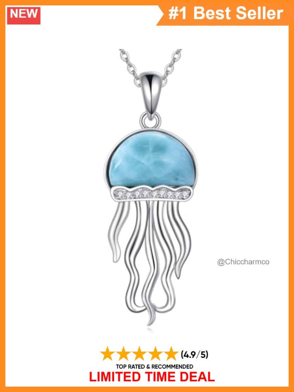 Larimar Jellyfish Pendant Necklace 925 Sterling Silver Platinum Plated